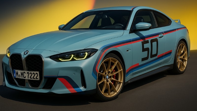 An icy blue BMW wrapped in racing stripes