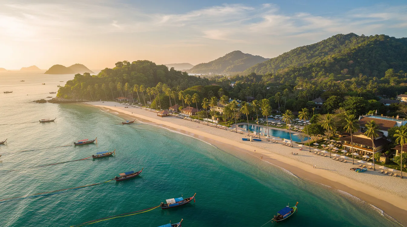 Imagem de Phuket, a maior ilha da Tailândia, conhecida por suas belas praias, como a Praia de Patong. O cenário inclui águas cristalinas, areia branca e uma vibrante vida noturna, atraindo turistas de diversas partes do mundo.
