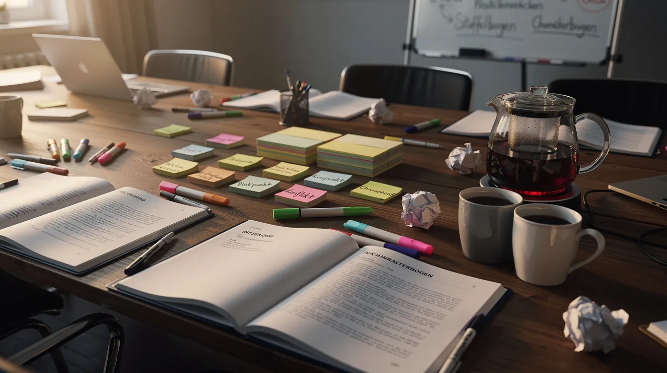 Auf dem Tisch liegen aufgeschlagene Drehbücher, umgeben von bunten Markern und Notizkarten, während eine Kaffeekanne für die kreative Arbeitsatmosphäre eines Autorenteams sorgt, das an packenden Storylines für eine neue Serie arbeitet. Die Szene vermittelt das Gefühl von intensiver Zusammenarbeit und Storytelling, das für die Entwicklung von Charakteren und Handlungssträngen in modernen Fernsehdramen entscheidend ist.
