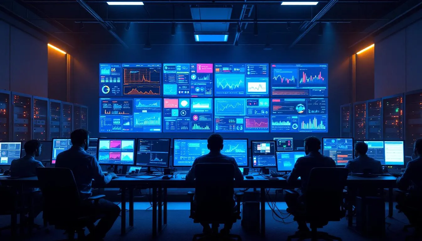 A security operations center is depicted with multiple large monitoring screens displaying real-time network traffic, showcasing various security metrics and alerts. This environment emphasizes the principles of zero trust architecture and secure access service edge (SASE) to enhance security and protect sensitive data.