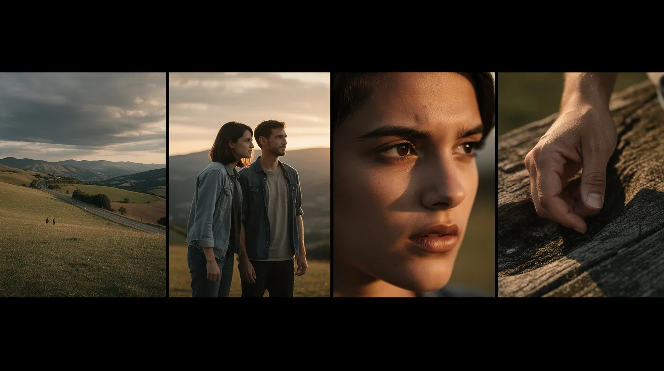 Das Bild zeigt vier nebeneinander angeordnete Filmkader: eine weite Landschaftsaufnahme, die die Schönheit der Natur einfängt, gefolgt von einer Halbtotale zweier Personen, die in einem Gespräch vertieft sind. Daneben befindet sich eine Nahaufnahme eines Gesichts, das Emotionen widerspiegelt, und schließlich eine Detailaufnahme einer Hand, die einen Gegenstand hält, was die Intimität der Szene unterstreicht.