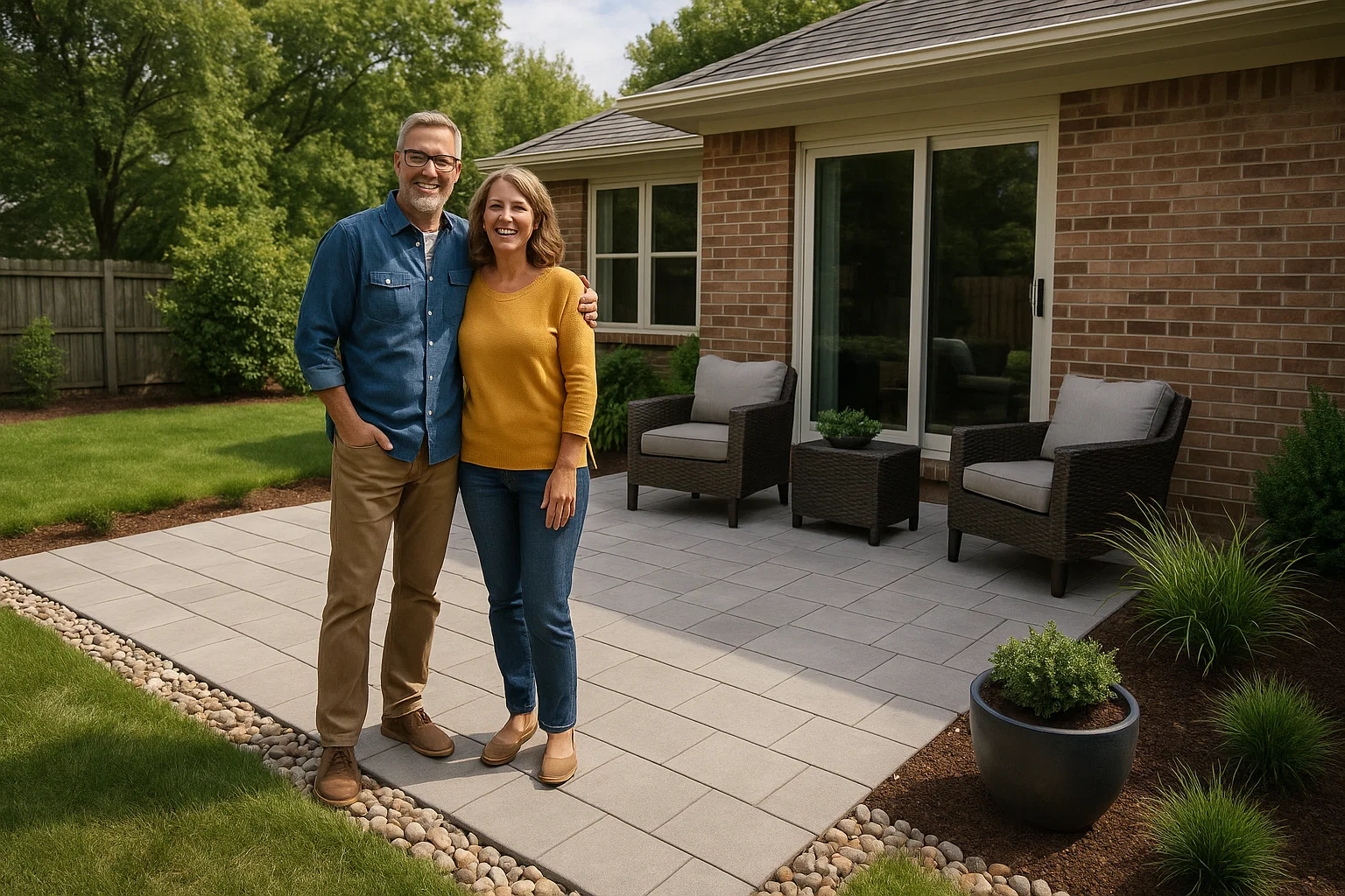 Homeowners enjoying a finished patio built on strong groundworks.
