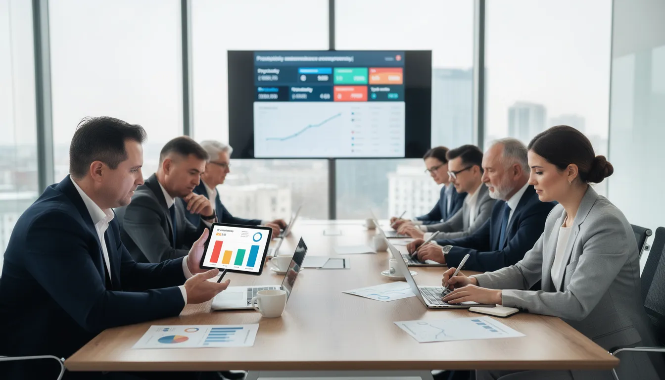 Na obrazie przedstawiono grupę przedsiębiorców dyskutujących o danych finansowych podczas spotkania biznesowego. Wśród tematów rozmowy znajdują się kwestie związane z prowadzeniem ksiąg rachunkowych, sporządzaniem sprawozdań finansowych oraz analizą wyników finansowych jednostek gospodarczych.