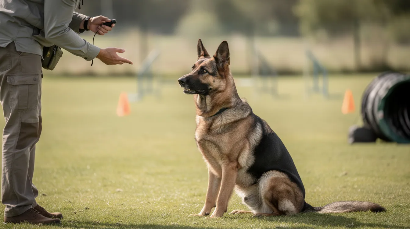 The image depicts a well-trained German Shepherd dog sitting obediently in a park, showcasing its intelligent demeanor and strong bond with its owner. The scene highlights the importance of proper obedience training and socialization for German Shepherds, emphasizing their loyalty and good temperament.