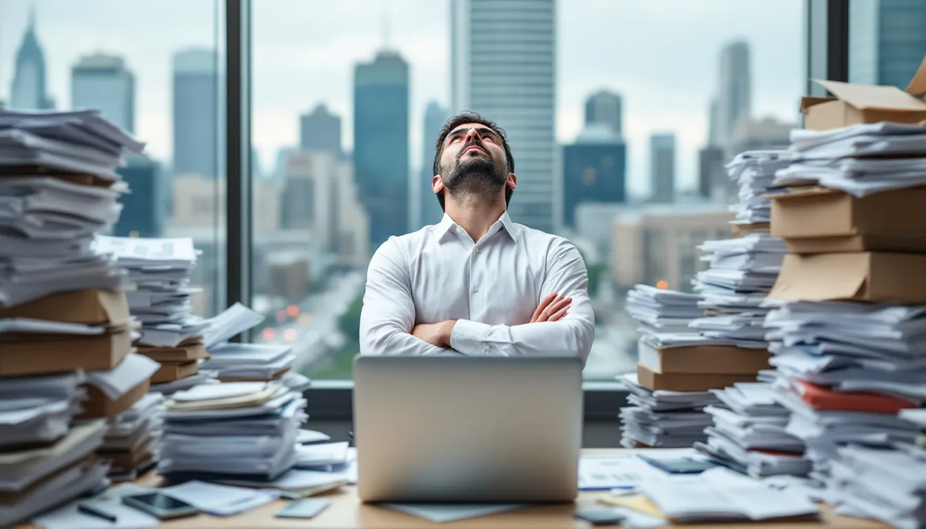 An image showing a concerned business owner surrounded by stacks of paperwork, representing the potential risks of being your own registered agent.