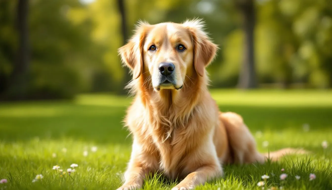 A healthy golden retriever with a shiny coat is sitting outdoors, showcasing its vibrant fur and joyful demeanor. This image highlights the importance of a dog