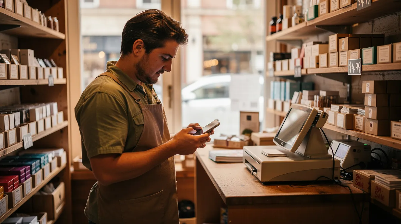 37c5e9a3 36d6 4e12 a623 958af97b563a A small shop owner stands inside their retail store, intently looking at a mobile phone. The scene captures the essence of entrepreneurship, reflecting the owner's engagement with their business and possibly exploring options for financial assistance or loans to support their micro enterprise.