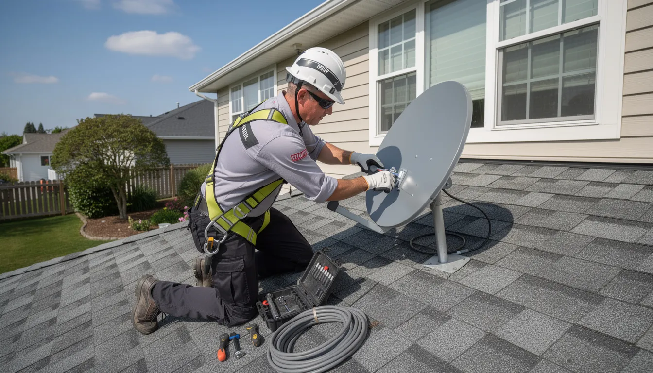 A professional technician is seen installing a satellite dish on a residential roof, ensuring secure mounting for reliable signal strength. This image highlights the importance of expert installation services for DSTV systems in Sunset Beach, providing a hassle-free experience for homeowners.