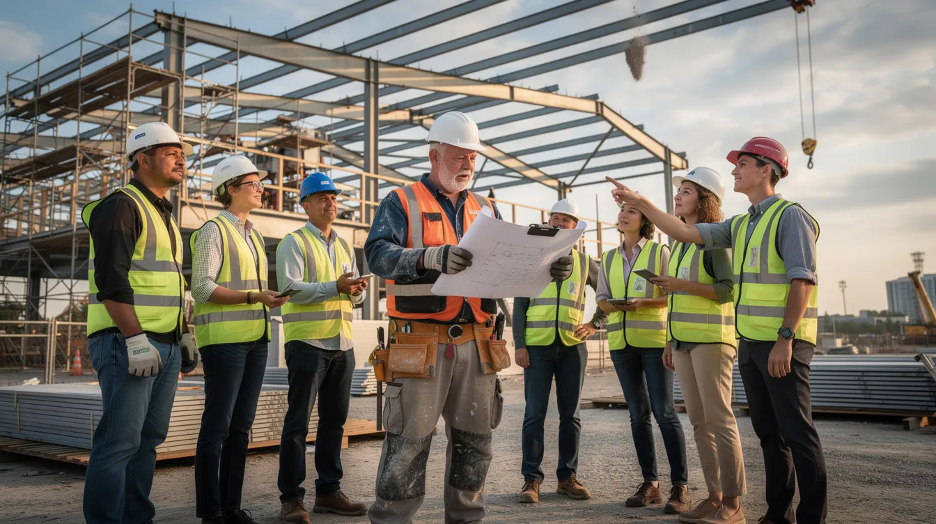 A veteran in construction work gear is actively collaborating with civilian crew members at a steel-frame building site, demonstrating effective safety practices and emphasizing the importance of a strong safety culture in the construction industry. This teamwork reflects a commitment to improving safety outcomes and reducing workplace injuries through structured safety training and evaluation processes.