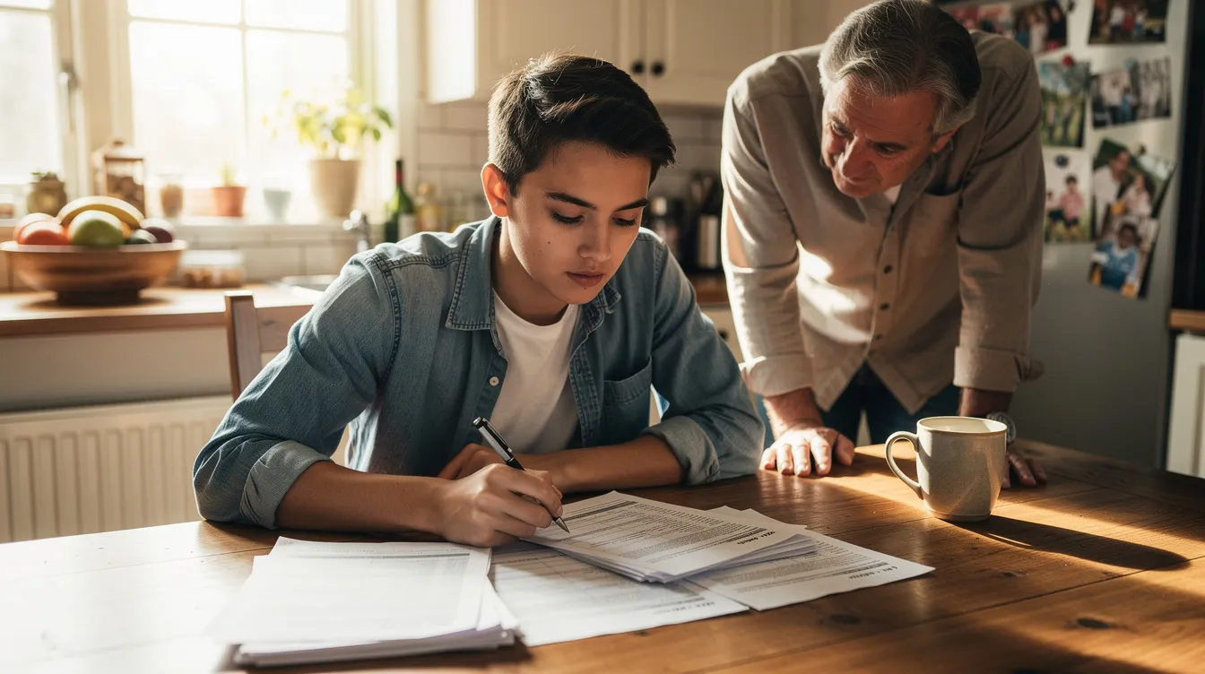 A young person is seated at a kitchen table, intently reviewing paperwork related to their social security disability benefits, while a family member offers support nearby. The atmosphere is collaborative, highlighting the importance of understanding the application process for disability claims.