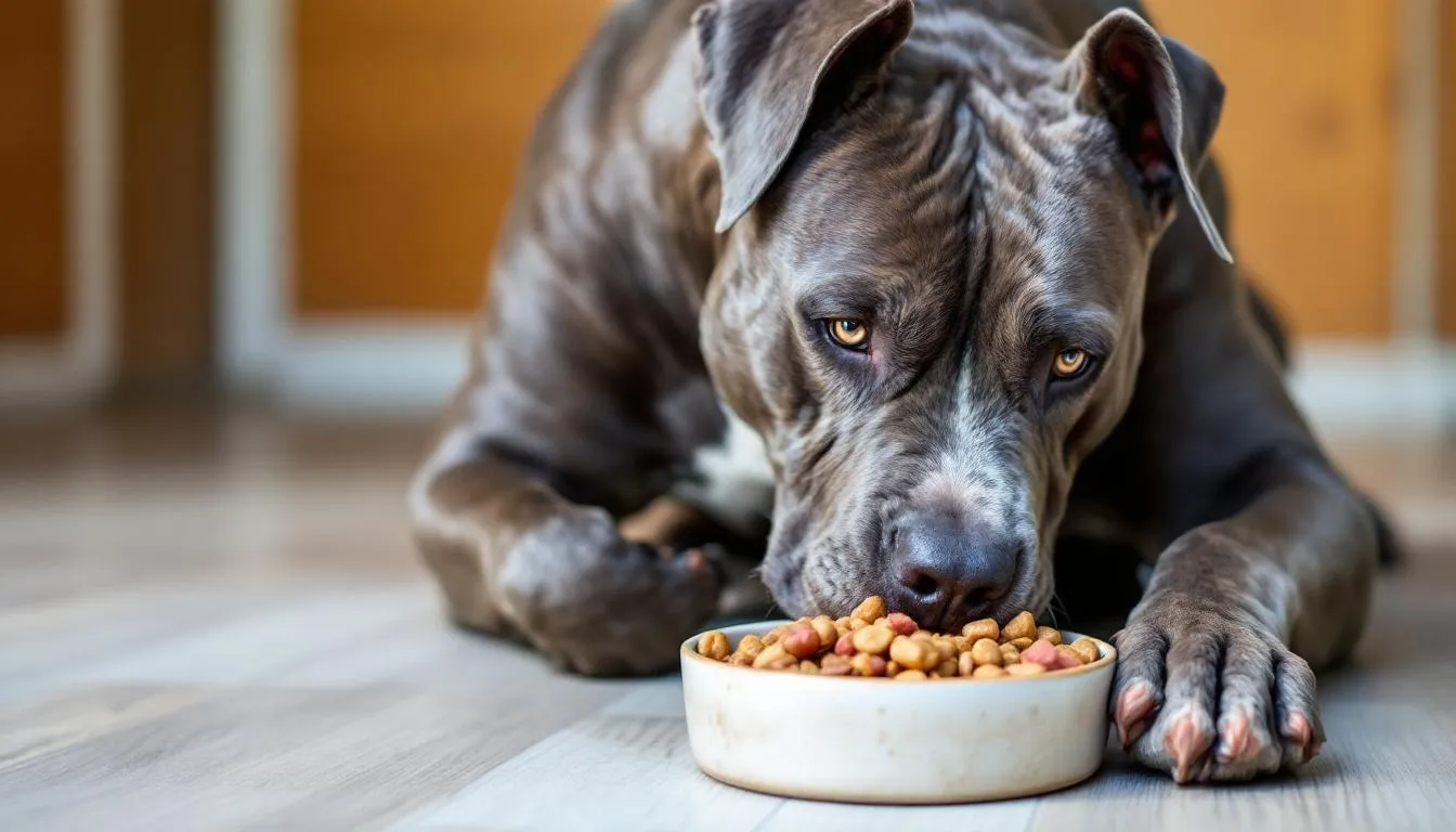 Un perro de presa canario está disfrutando de comida para perros de alta calidad de un tazón, mostrando su cuerpo musculoso y su expresión atenta. Este perro, conocido por su naturaleza protectora y su inteligencia, es un excelente compañero para dueños experimentados.