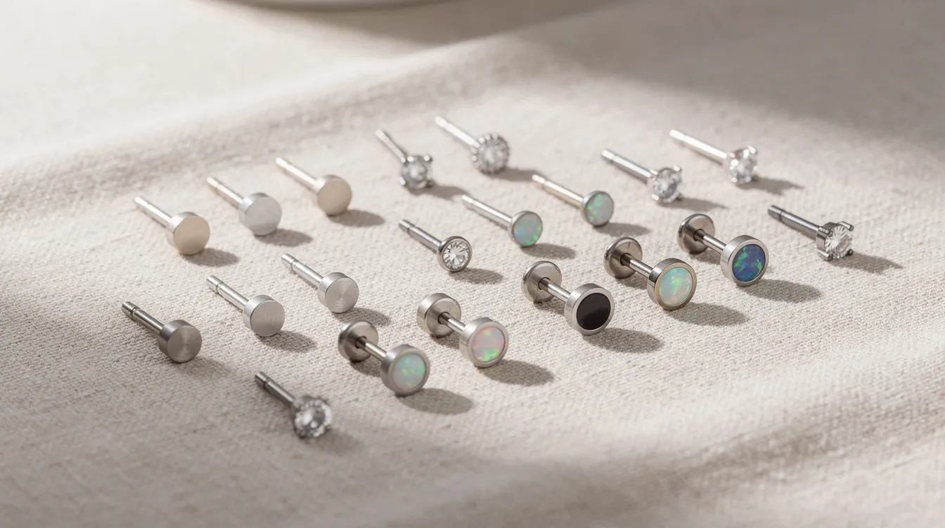 The image features a selection of flat-back earrings made from titanium and surgical steel, arranged neatly on a neutral fabric background. These earrings are commonly used for ear piercings and may be suitable for individuals concerned about issues like keloid scars or excessive scar tissue formation.