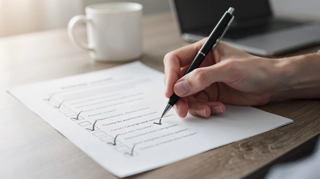 37ca2629 a5b7 489a ad30 cacd6166cfe1 A person is holding a checklist made of paper and using a pen to mark off items, possibly related to business registration or documents required for applying for Mudra loans under the Pradhan Mantri Mudra Yojana. The image captures the focus on ensuring all necessary steps are completed for securing collateral-free loans for micro and small enterprises.