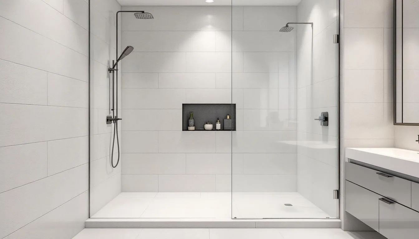 An elegant walk-in shower showcases large format tiles with minimal grout lines, creating a sleek and modern look. The design features natural light, enhancing the bathroom's cohesive feel and spaciousness.