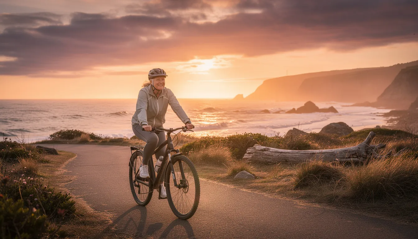 The image depicts an older adult cycling along a picturesque coastal path during sunset, embodying an active lifestyle that supports healthy aging. The vibrant colors of the sunset reflect the vitality associated with regular exercise and the potential benefits of dietary supplements like NMN and resveratrol for improved cellular health and energy production.