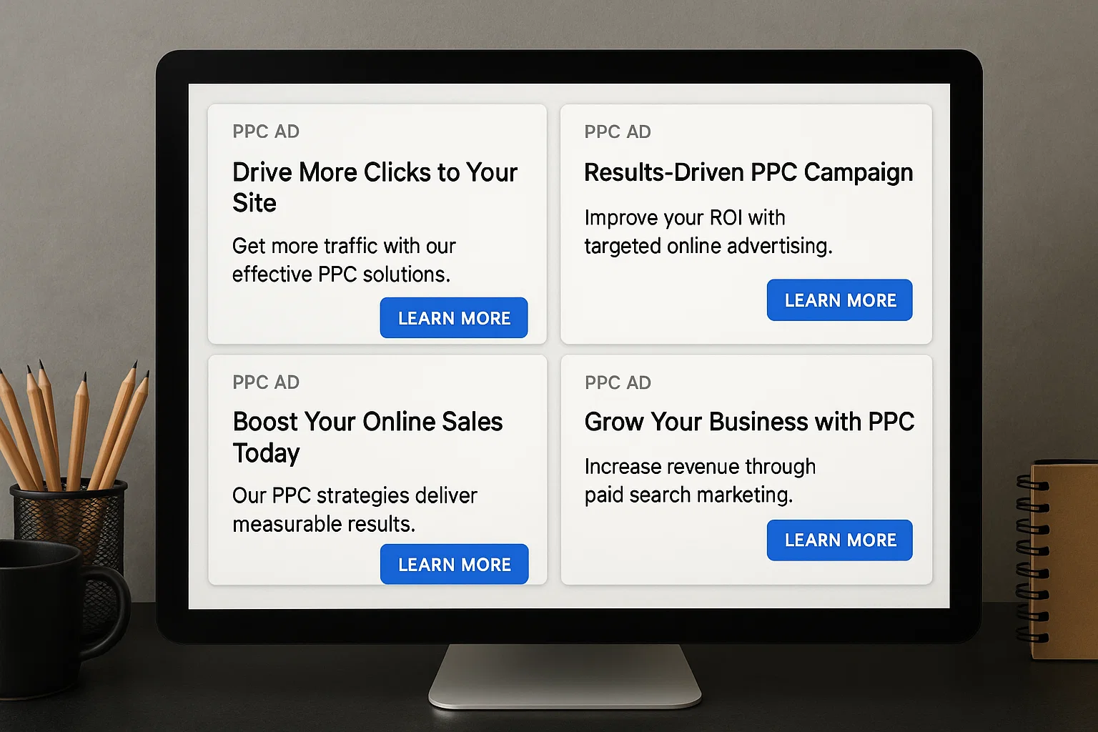 "Screen displaying several versions of digital PPC ads with variations in headlines and descriptions, viewed in a creative workspace with no people."