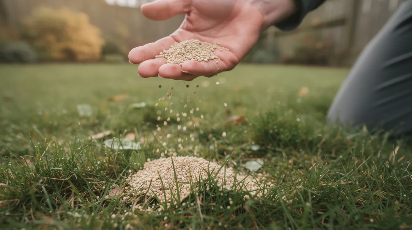 A close-up photograph captures a hand evenly spreading granular autumn lawn fertiliser over lush green grass, with visible textures of the grass blades and granules. The soft autumn daylight enhances the natural colors, highlighting the importance of lawn care for healthy grass growth during the winter months.