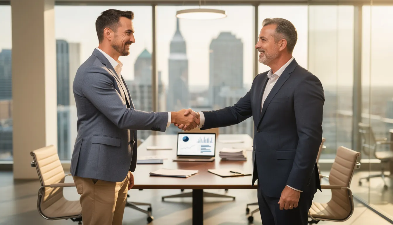 A confident business owner is shaking hands with a financial advisor, symbolizing a partnership in planning for retirement. This meeting suggests discussions on various retirement plans, such as defined contribution plans and cash balance plans, aimed at securing the owner's future income and investment gains.