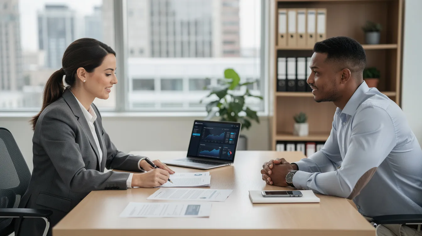 37d21a1d 34cb 4b6c 934c 64074a973fb4 A bank officer is seated at a desk, reviewing documents such as bank statements and identity proofs, while an entrepreneur sits across, discussing their eligibility for a mudra loan to support their small business. The scene highlights the interaction between financial institutions and applicants seeking financial assistance under the Pradhan Mantri Mudra Yojana.