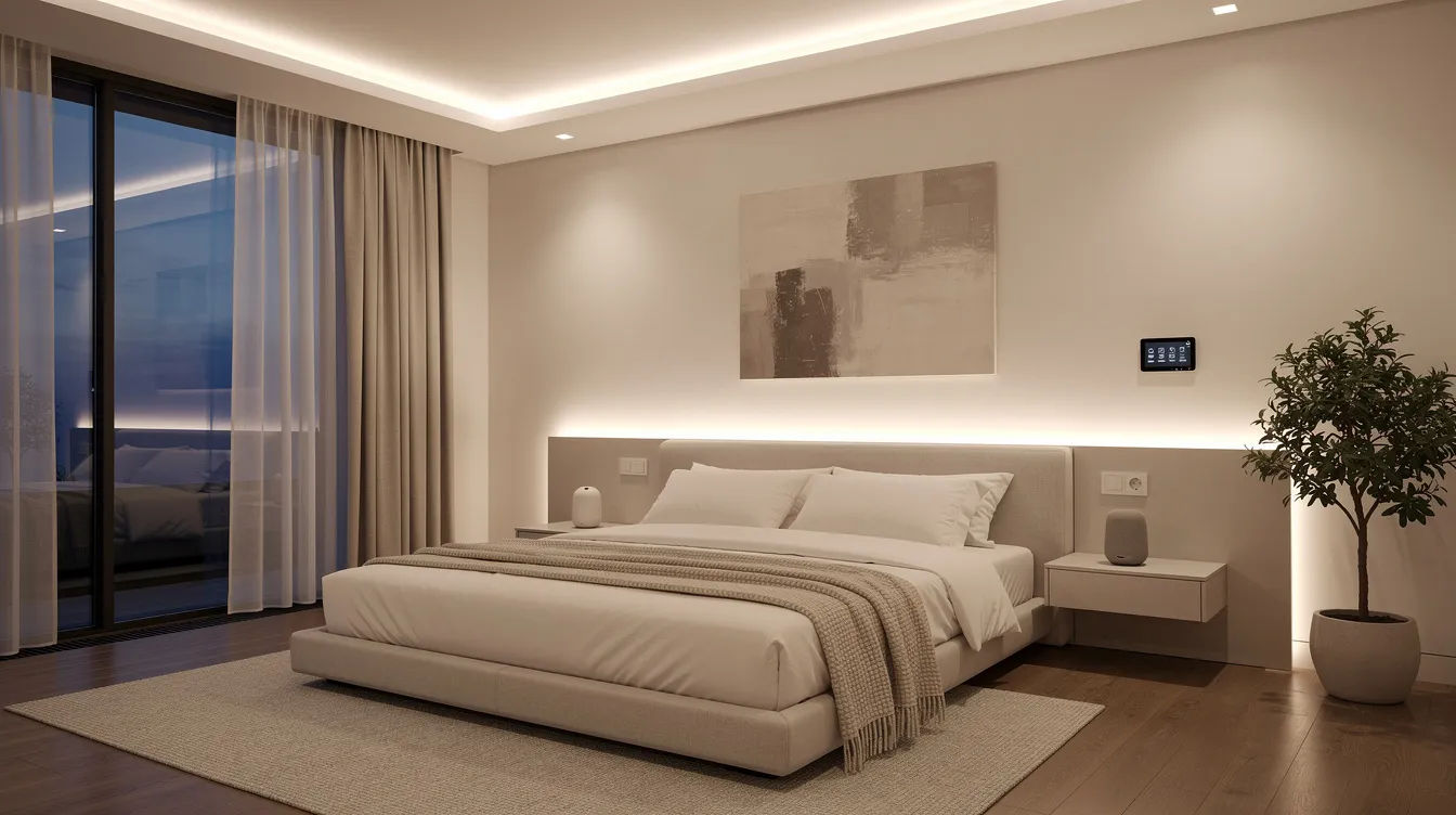 The image depicts a modern bedroom featuring integrated smart home lighting with minimal visible technology, designed to enhance sleep quality. Elements like a bedside table may suggest the presence of sleep trackers that monitor sleep patterns and provide personalized guidance for better sleep.