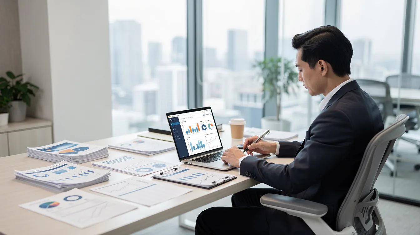 A professional sits at a modern office desk, surrounded by financial documents and a laptop, focused on developing a business plan for early stage startups. This environment reflects the challenges of navigating venture capital funding and the common reasons startups fail, as the individual prepares to pitch investors and seek guidance for their entrepreneurial journey.