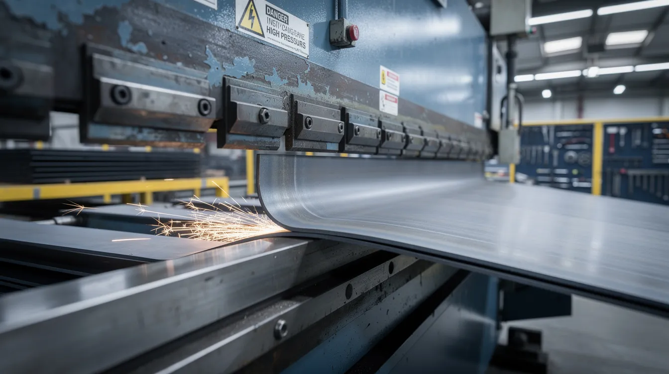An industrial CNC press brake machine is bending a thick steel sheet in a modern factory setting, showcasing the precision of the bending process and the capabilities of sheet metal bending equipment. The machine is designed to create bent parts with tight tolerances, ensuring a high-quality finish on the sheet metal.