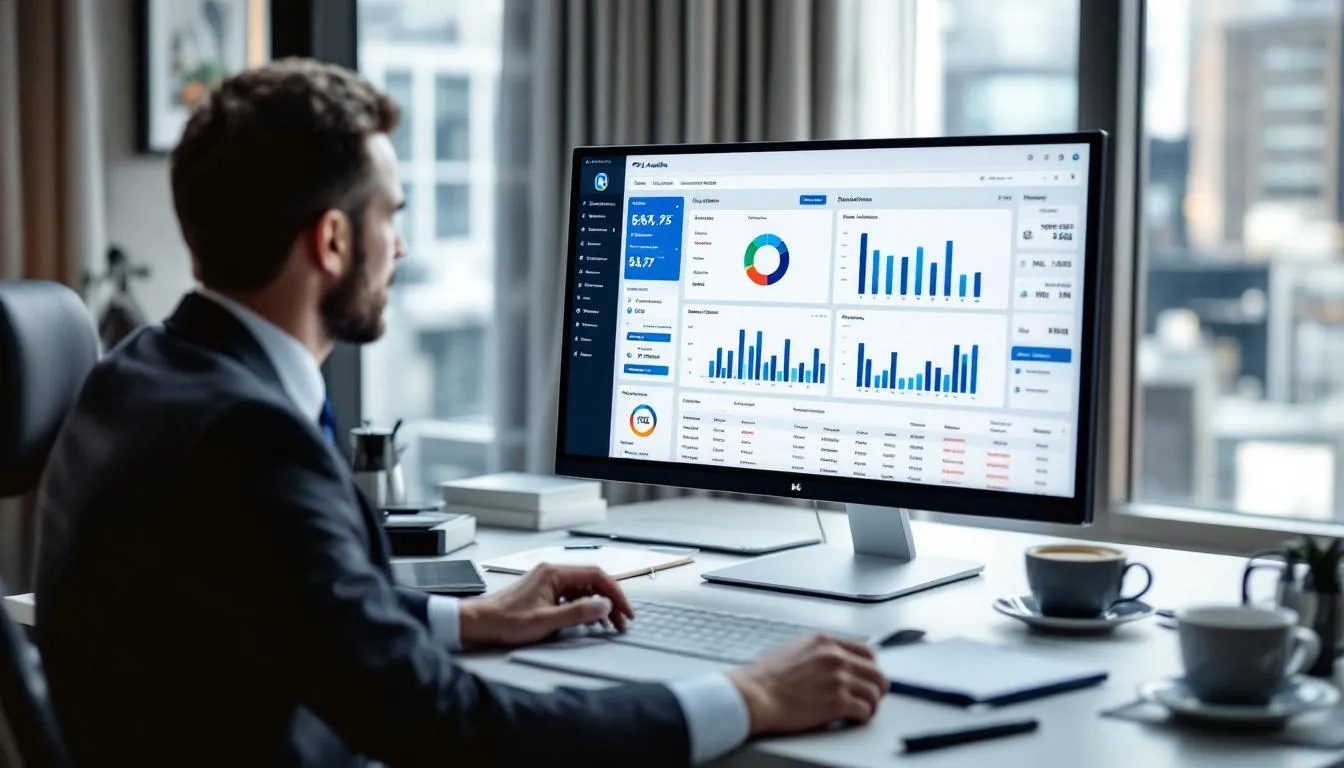 A hotel manager is intently reviewing a POS analytics dashboard on a computer screen, which displays various sales reports and graphs, highlighting key data for hotel operations. The dashboard is likely part of a hotel POS system, providing insights into food and beverage operations, inventory management, and overall profit tracking.