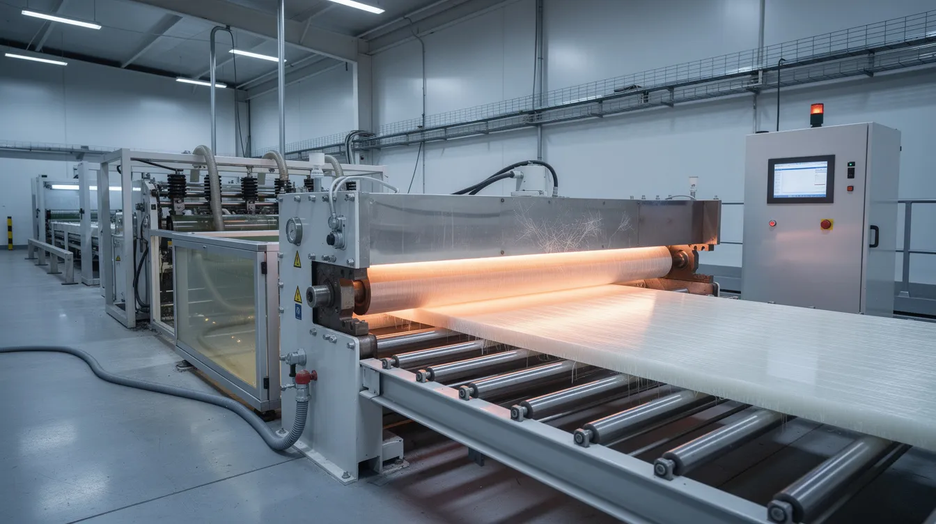 An industrial pultrusion machine is actively producing a long fiberglass profile, which is exiting a heated die, showcasing the manufacturing process of glass reinforced plastic. The machine utilizes glass strands and resin to create durable composite materials, suitable for various applications in the composites industry.