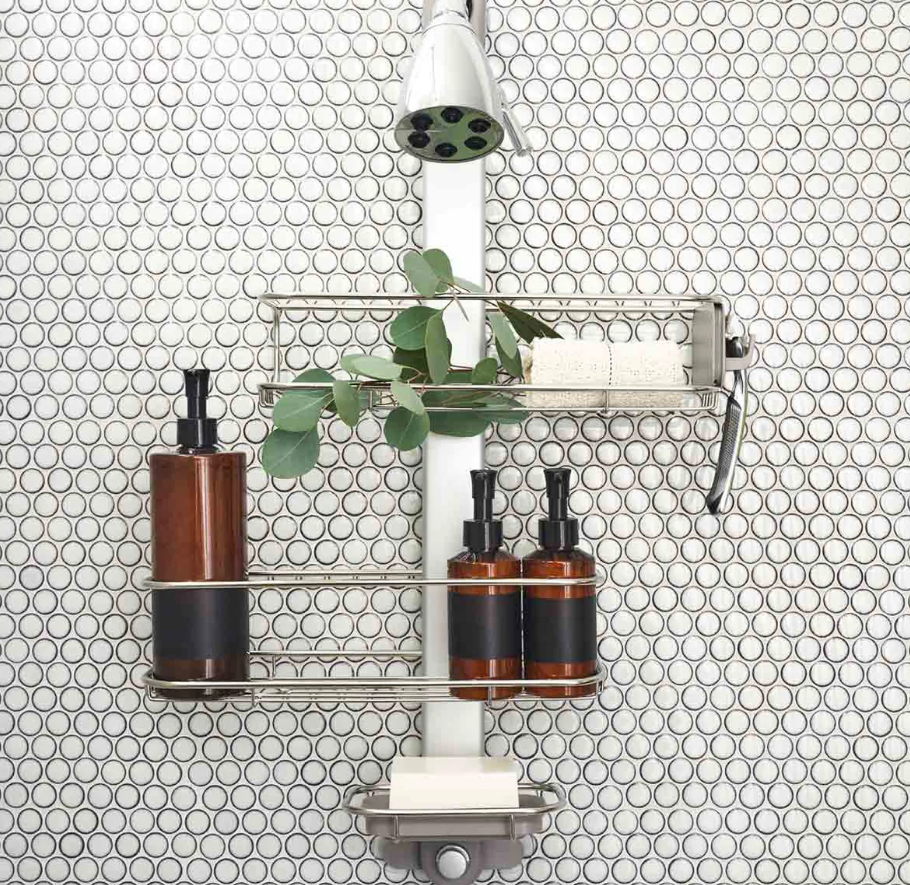 shower shelf caddie metal with decorative bottles