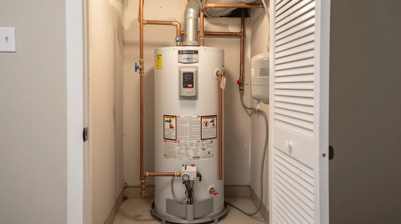 The image shows a residential tank water heater installed in a utility closet, featuring copper pipe connections that ensure efficient water flow. This setup is essential for Glendale homeowners to address plumbing issues and maintain reliable plumbing services.
