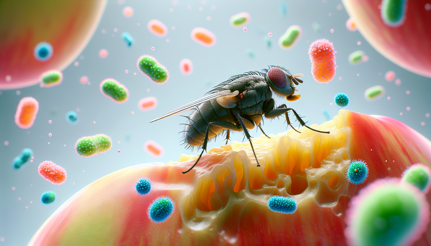Illustration of fruit fly near food