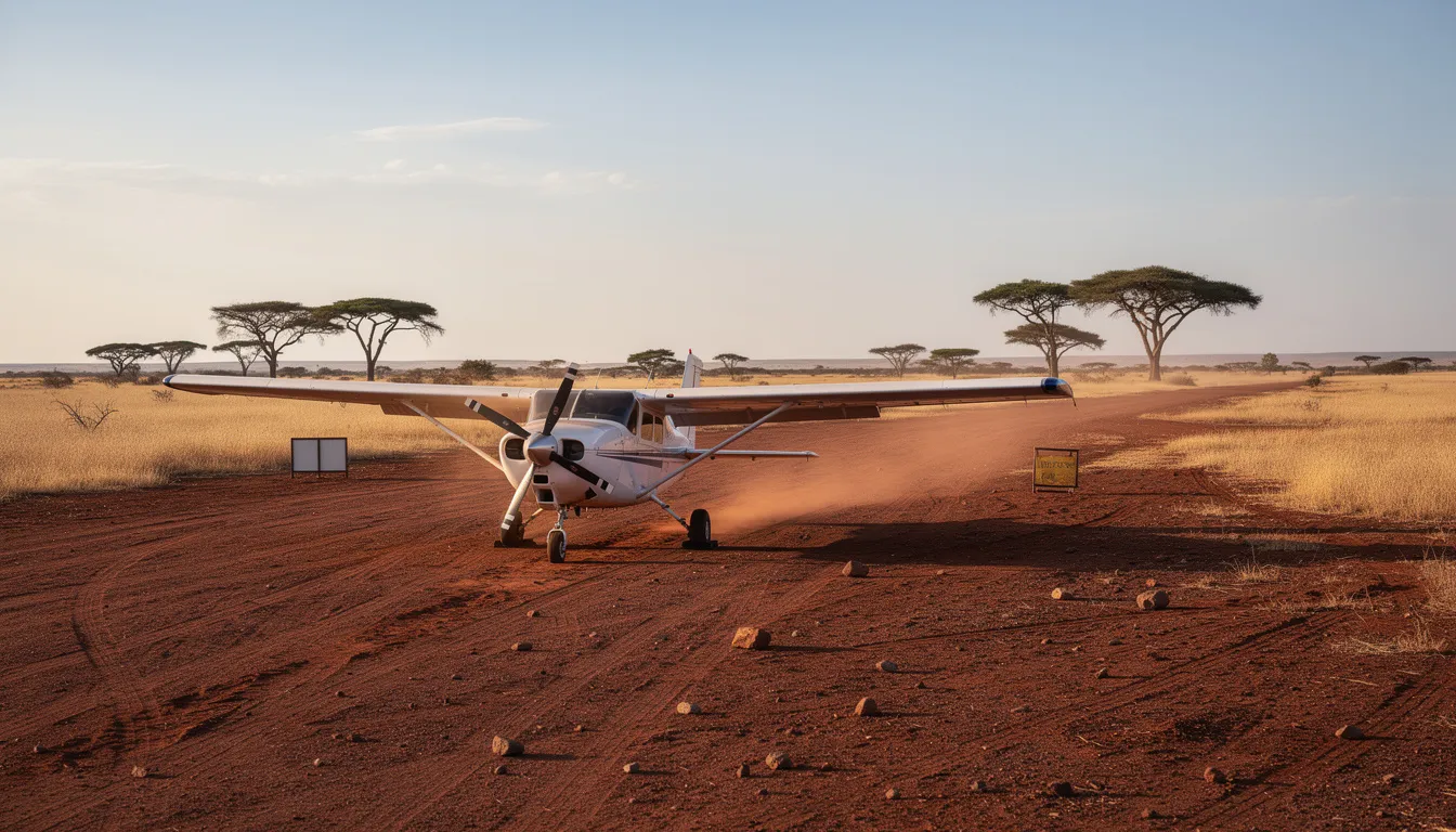 A light aircraft is parked on a dusty airstrip in the African savanna, with acacia trees providing a backdrop. This scene reflects the remote beauty of Tanzania's wilderness areas, often accessed by private flights for travelers heading to national parks like Serengeti and Ruaha.