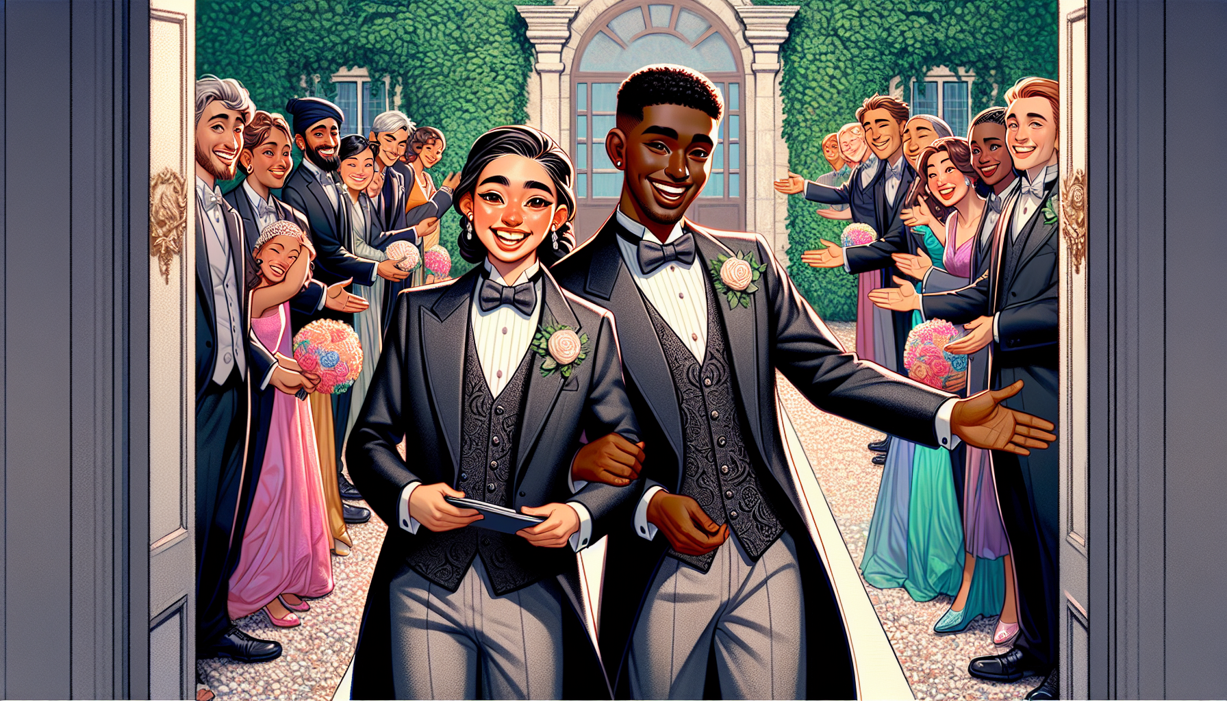 Illustration of wedding ushers greeting guests