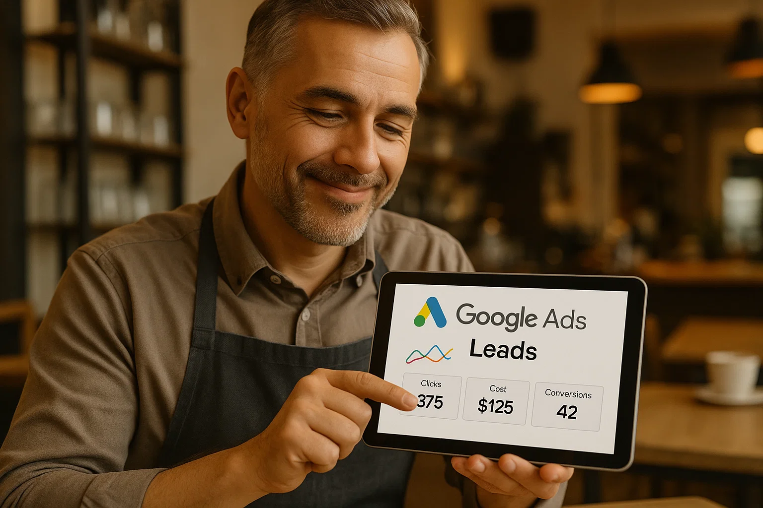 Small business owner reviewing Google Ads performance and lead data on a tablet.