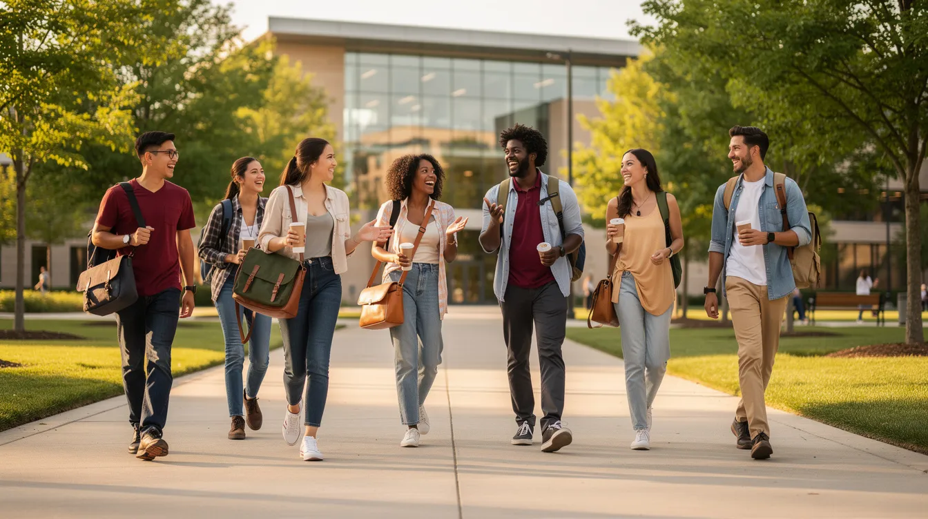 A group of international students is walking together on a university campus, each carrying backpacks and engaged in conversation. This scene captures the vibrant diversity of campus life, reminiscent of the ease of sending money abroad with services like RBL Bank's international money transfer.