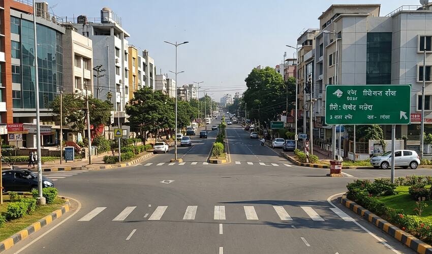Wide, modern road in Pimple Nilakh, Pune, illustrating excellent infrastructure and connectivity in the suburb.