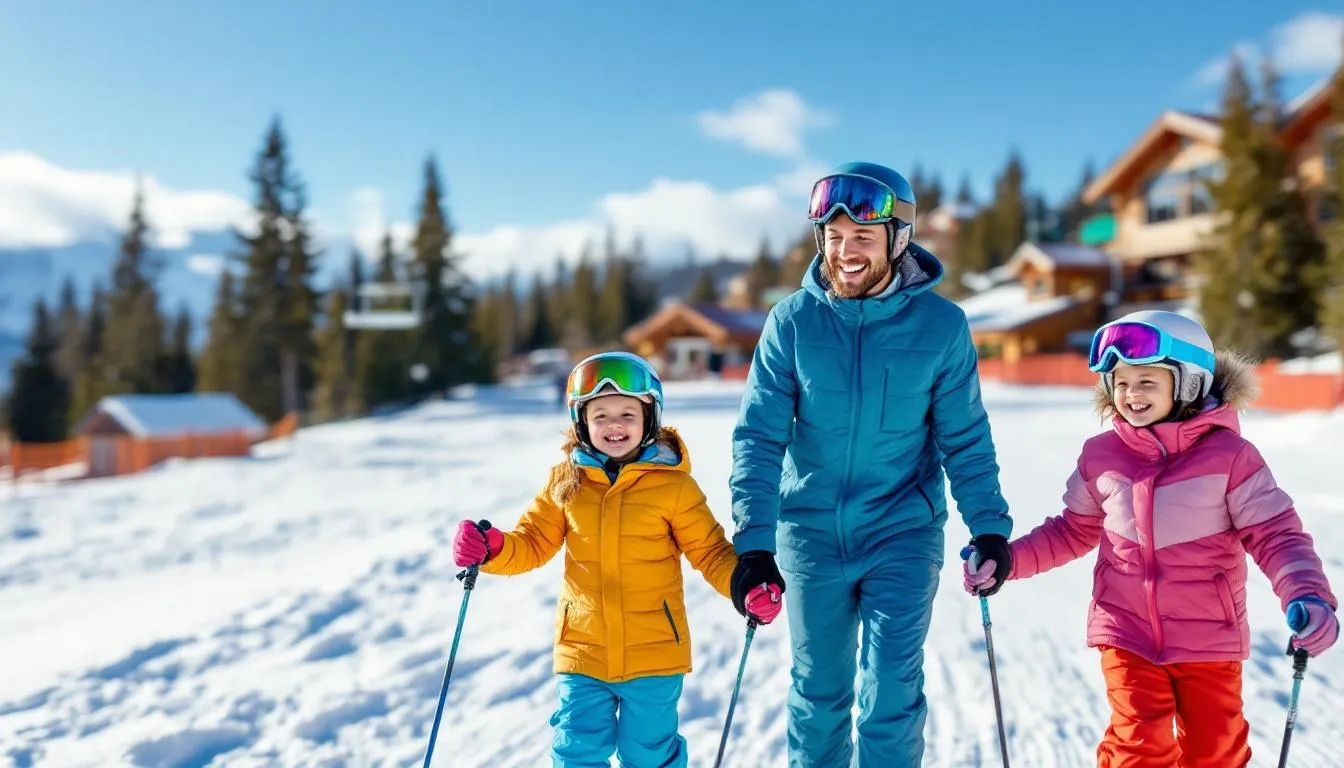 A joyful scene at Brian Head Resort depicts families skiing together down gentle slopes, highlighting the family-friendly atmosphere of the resort. The image captures the excitement of winter sports in southern Utah, showcasing skiers enjoying the skiable terrain under a clear blue sky.