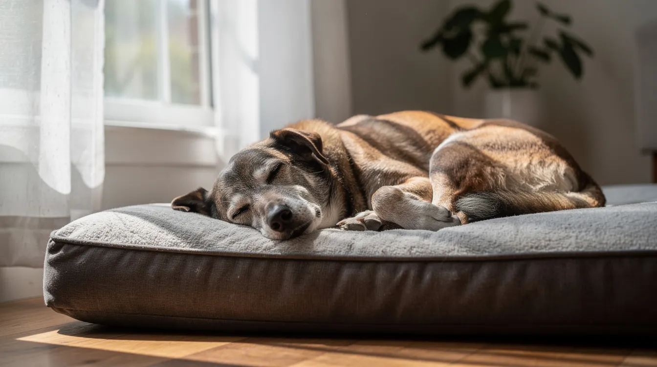 An older dog is peacefully resting on a comfortable orthopedic bed, positioned near a sunny window, showcasing the calm and cozy atmosphere of its golden years. This scene reflects the importance of providing a supportive environment for senior dogs as they navigate the aging process and maintain their overall well-being.