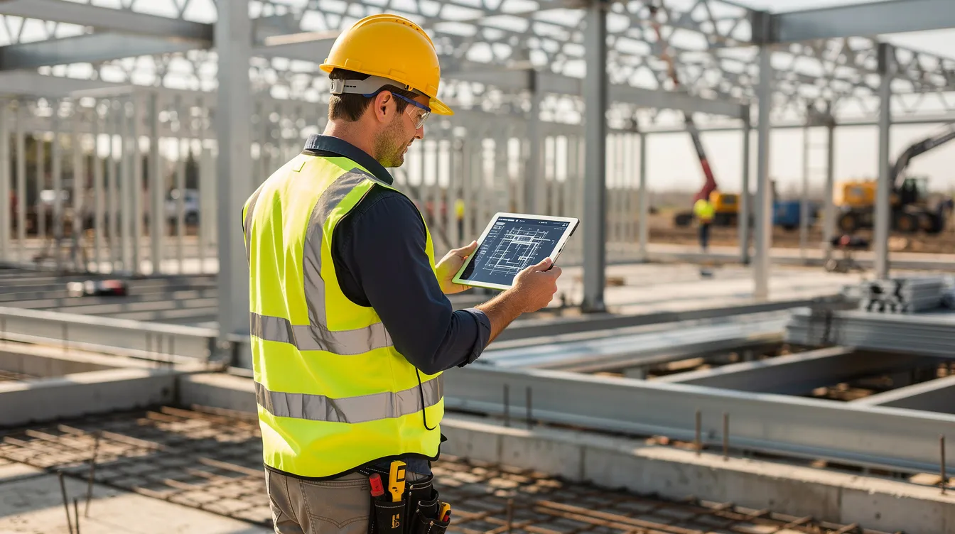 A construction supervisor stands on a busy commercial job site, reviewing project data on a digital tablet while steel framing is visible in the background. This scene highlights the integration of AI technologies in the construction industry, showcasing how project managers utilize modern tools to enhance operational efficiency and track progress on construction projects.