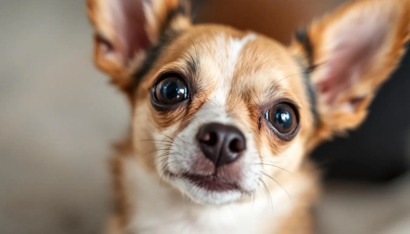 A close-up image of a Chihuahua showcases its alert ears and bright, soulful eyes, highlighting the playful personality typical of this popular toy dog breed. The small dog appears curious and attentive, embodying the charm of many toy breeds.