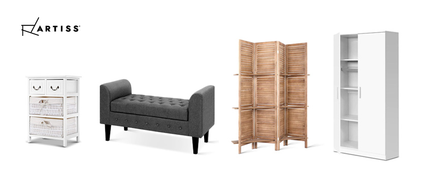 A selection of Artiss storage products: the 2-basket Alcott cabinet, the 96cm grey storage ottoman, a wood room divider with shelving, and a white storage cabinet.