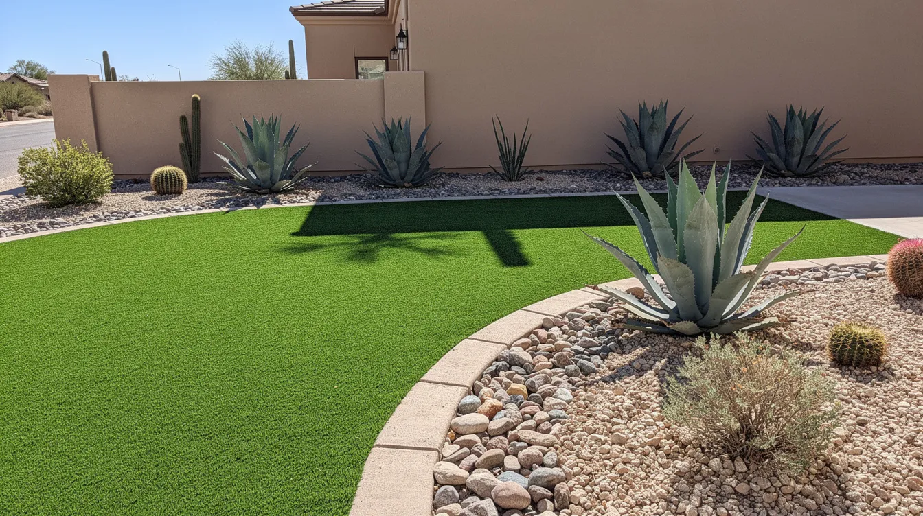 The image depicts a residential yard featuring vibrant green artificial turf surrounded by desert plants like agave and decorative rocks, set against a sunny desert backdrop. This low-maintenance outdoor space highlights the beauty of custom landscaping projects, ideal for homeowners seeking a stylish and sustainable backyard oasis.