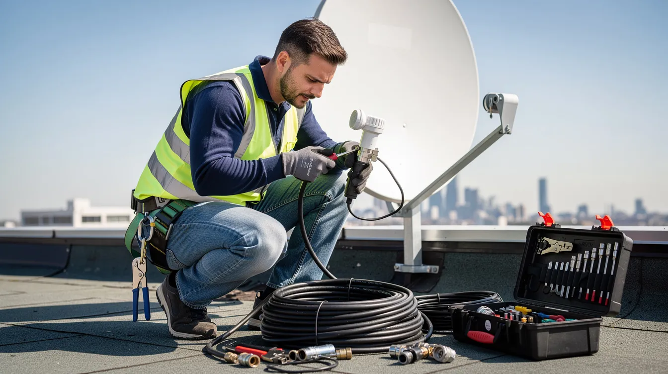 A skilled technician is working on satellite TV equipment, surrounded by various tools and cables, ensuring optimal signal reception for a DSTV installation. This scene highlights the professionalism and expertise of DSTV installers, essential for providing reliable installation services in Edgemead.