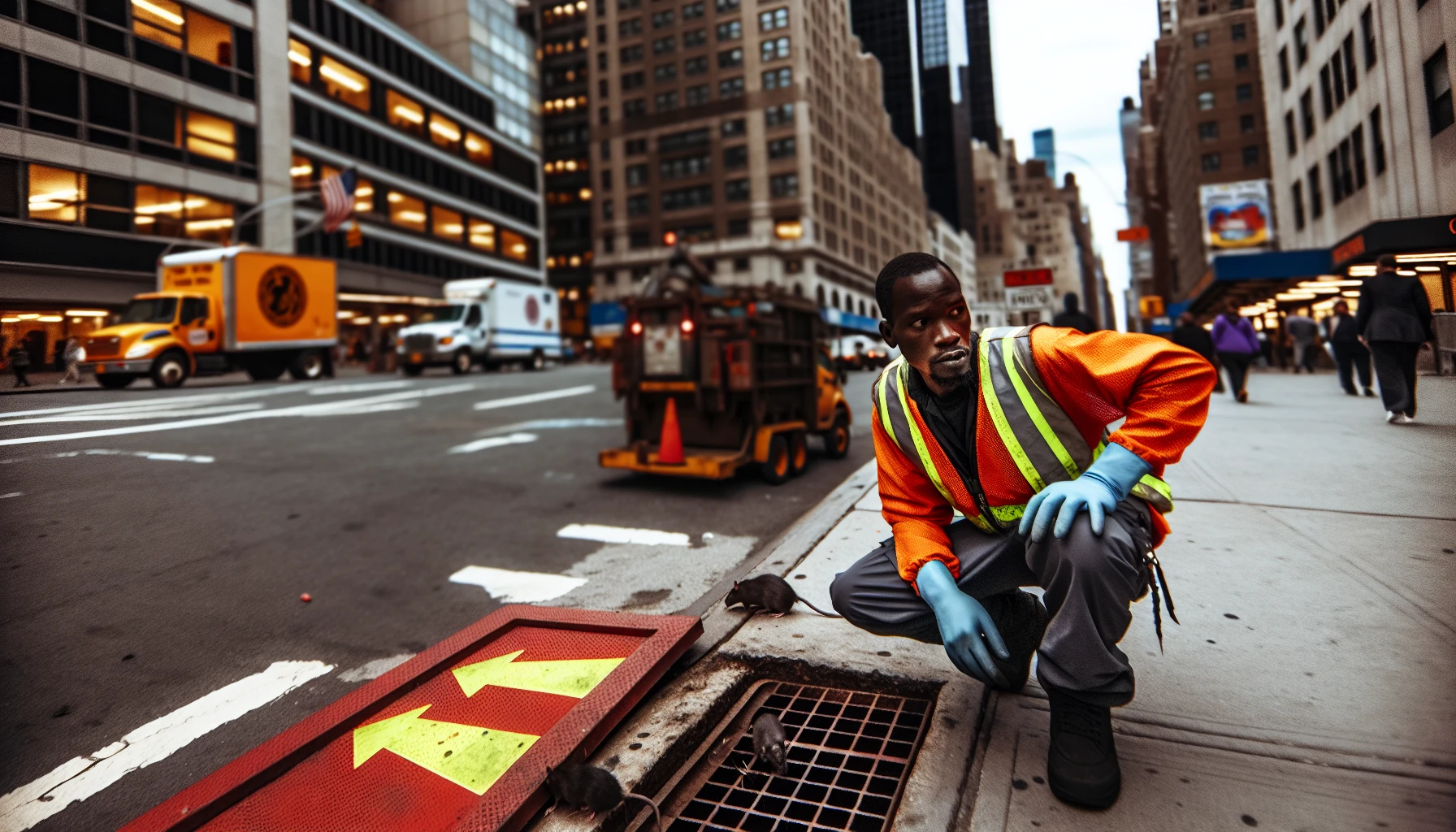 A photo of a city sanitation worker inspecting a rat mitigation zone in New York City