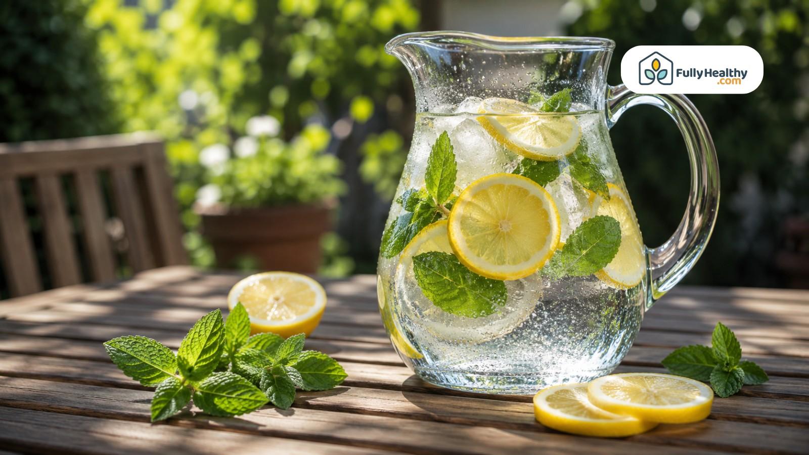 Glass pitcher of lemon water with mint and ice on patio table