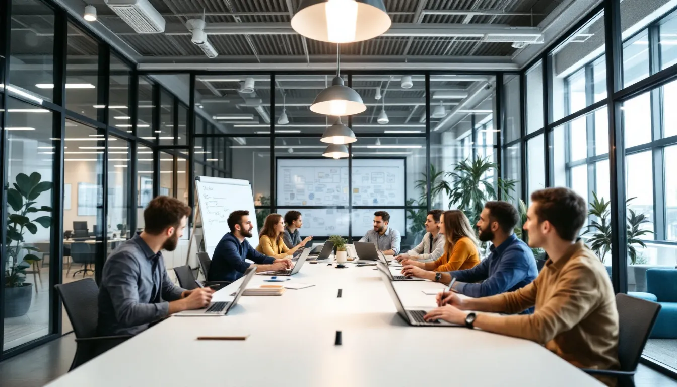 Een groep ondernemers brainstormt samen in een modern kantoor, omringd door grote ramen die veel natuurlijk licht binnenlaten. Ze delen ideeën en strategieën om hun bedrijf, mogelijk een limited liability company (LLC), verder te laten groeien.