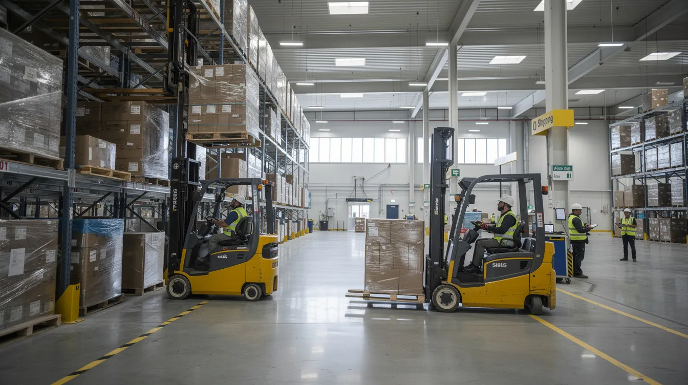 The image shows a modern warehouse bustling with activity, where workers are efficiently operating machinery and forklifts. This scene highlights the dynamic environment of various industries, where foreign workers, including skilled professionals, contribute to the workforce, often facilitated by processes like the Poland work permit visa from Bangladesh.