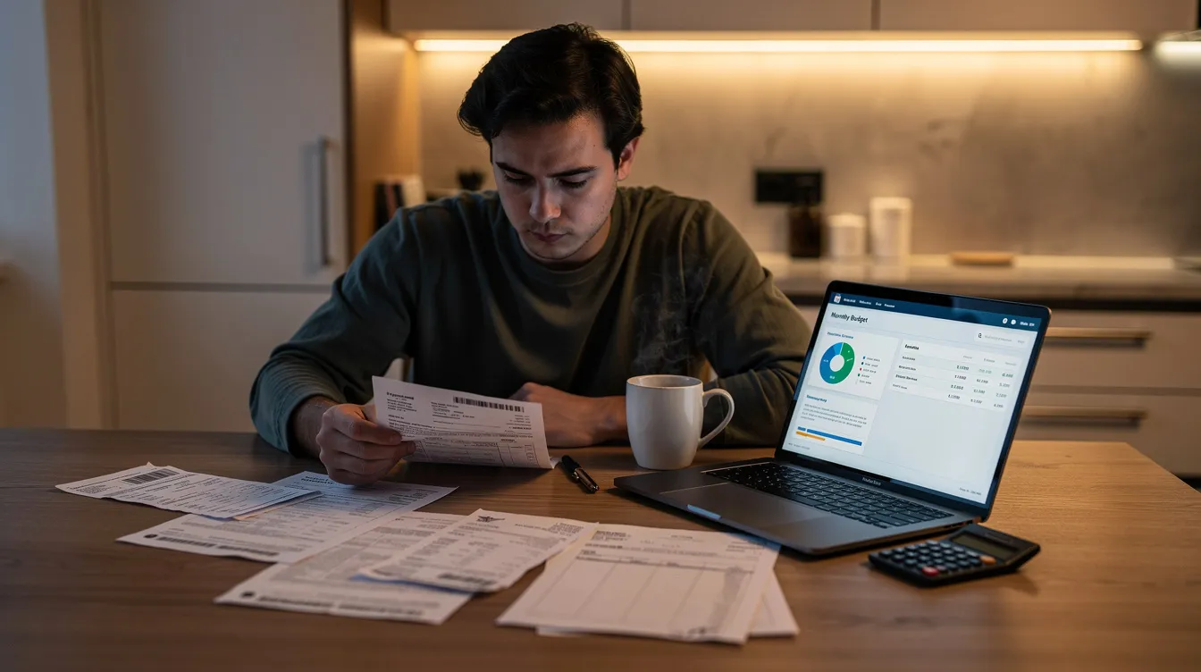 A person is seated at a kitchen table, intently reviewing financial paperwork while a laptop is open in front of them, possibly exploring options for a home equity line or a home equity loan. The scene suggests a focus on loan approval processes, monthly payments, and understanding interest rates, indicative of planning for major expenses or home renovations.