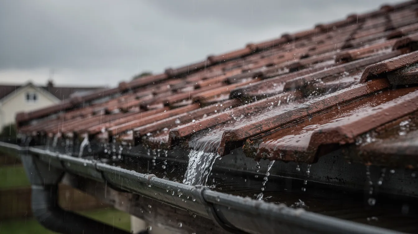 L'image montre la pluie tombant sur un toit en tuiles, avec des gouttières qui canalisent l'eau de pluie vers une cuve de récupération. Ce système de récupération d'eau de pluie est essentiel pour le stockage et l'utilisation de cette ressource naturelle dans les maisons.