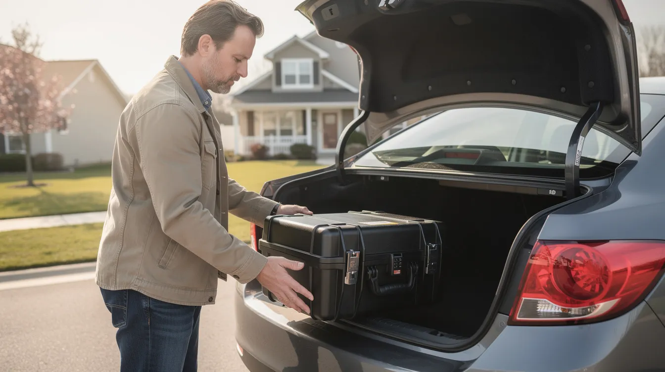 A responsible adult is shown placing a secured firearm case into the trunk of a vehicle, emphasizing safe transportation practices in accordance with Maryland gun laws. The scene highlights the importance of firearms safety training and compliance with state regulations for public safety.